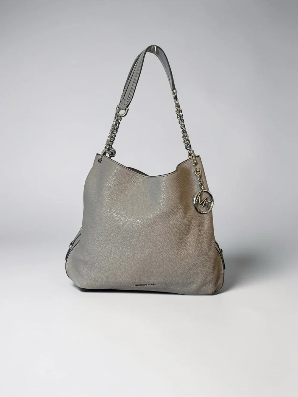 Michael Kors Lillie Large Pebbled Leather Chain Shoulder Bag Tote Pearl Grey